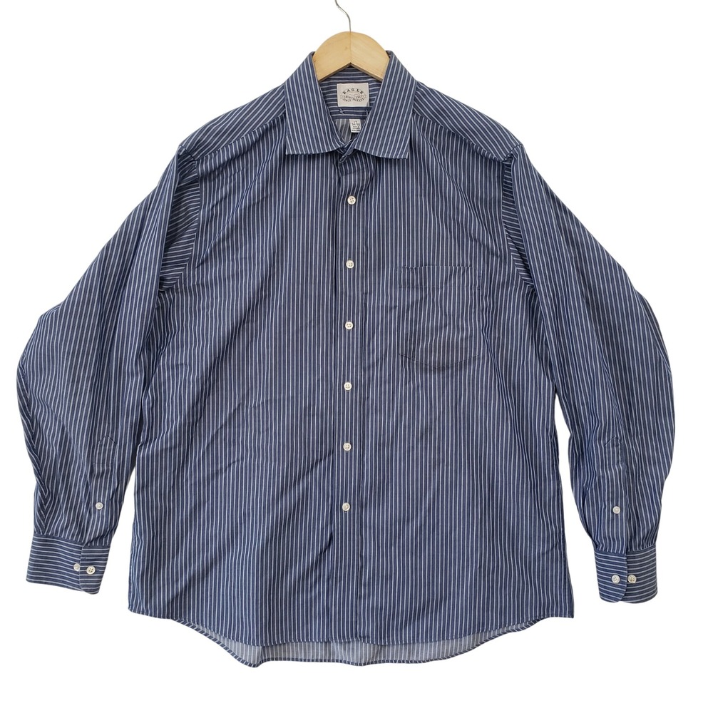 Eagle Shirtmakers Mens Blue‎ Stripe Button Down Dress Shirt 17 34/35 Cotton